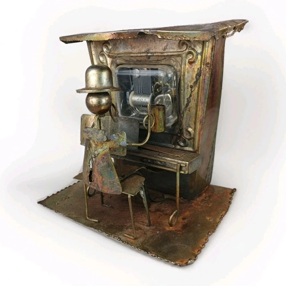 VTG Piano Man Copper Tin Sculpture Music Box Saloon Bar Folk Art PLAYS!